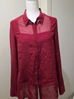 Trouve Sheer-Panel Button Down Blouse - Wine